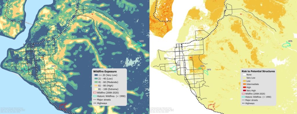 The Anchorage, Alaska Risk to Potential Structure (RPS) maps fail to capture risk from fires within the wildland-urban interface. The wildfire exposure map reveals high risk areas that aren't labeled as such in the RPS map.
